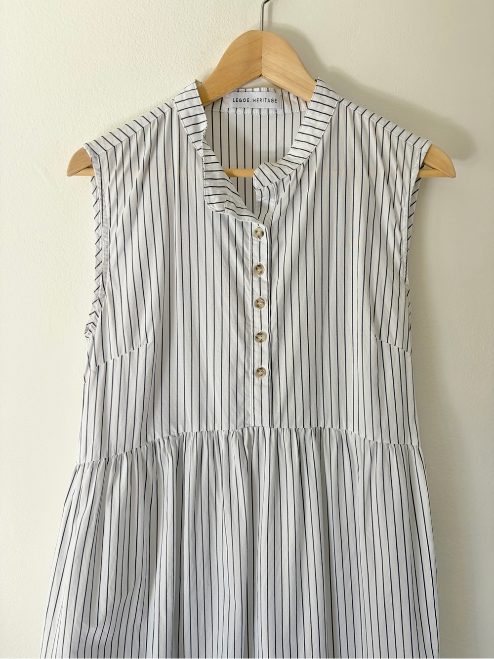 LÉGOE HERITAGE White Navy Pinstripe Cotton Sleeveless Maternity Midi Dress - Picture 3 of 12